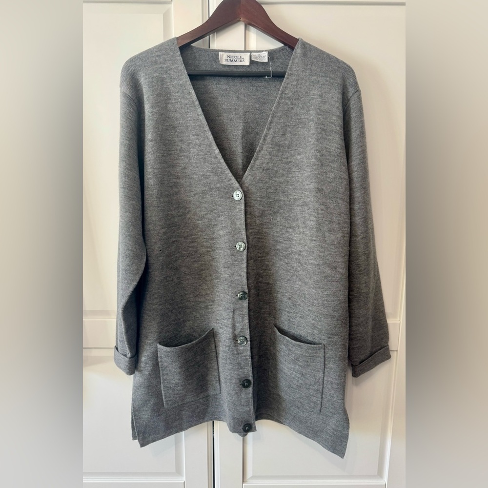Nicole Summers 100% Merino Wool V-Neck Gray Women's Cardigan w Pockets‎ XL